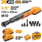 Tolsen 20V X20 brushless cordless 3/8 inch ratchet wrench kit with two 2.0Ah batteries, sockets set, charger, and hard case.
