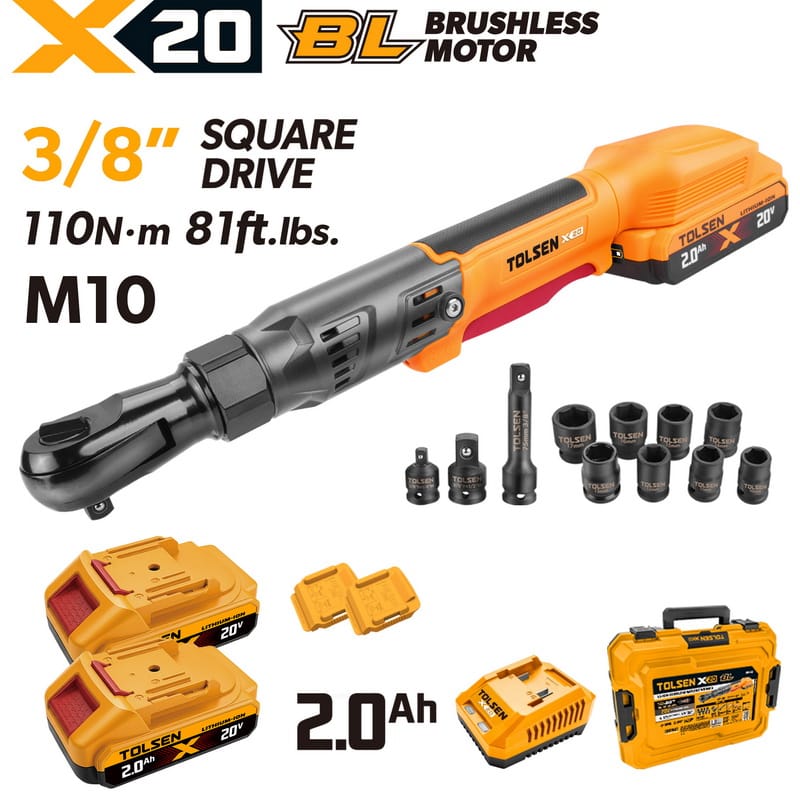 Tolsen 20V X20 brushless cordless 3/8 inch ratchet wrench kit with two 2.0Ah batteries, sockets set, charger, and hard case.