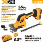 Tolsen 20V X20 cordless dual-purpose fence shears kit including 2.0Ah battery, charger, and interchangeable blades for 110-120v market.