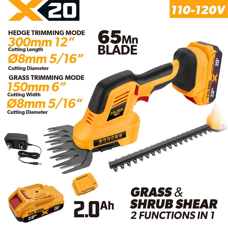 Tolsen 20V X20 cordless dual-purpose fence shears kit including 2.0Ah battery, charger, and interchangeable blades for 110-120v market.