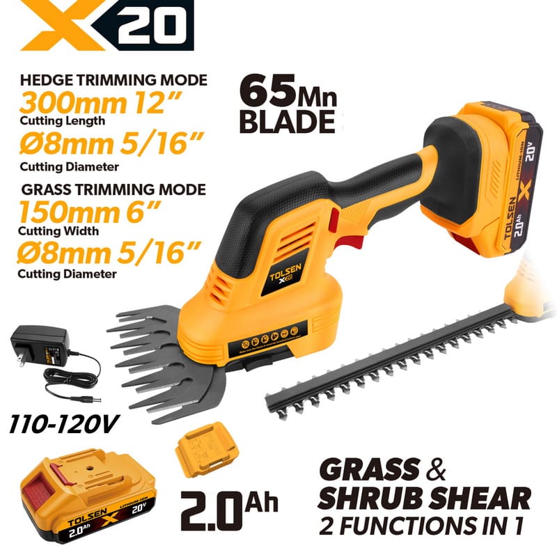 Tolsen 20V X20 cordless dual-purpose fence shears kit including 2.0Ah battery, charger, and interchangeable blades for 110-120v market.