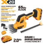 Tolsen 20V X20 cordless dual-purpose fence shears kit including 2.0Ah battery, charger, and interchangeable blades.