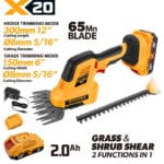 Tolsen 20V X20 cordless dual-purpose fence shears kit including 2.0Ah battery, charger, and interchangeable blades.
