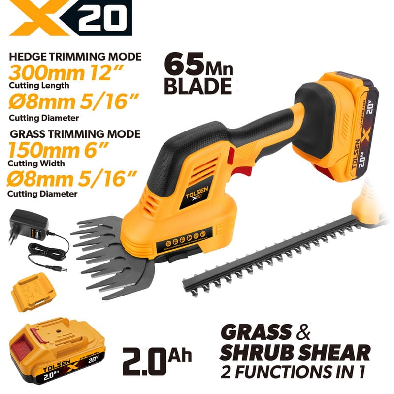 Tolsen 20V X20 cordless dual-purpose fence shears kit including 2.0Ah battery, charger, and interchangeable blades.