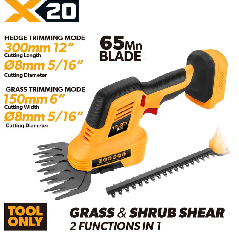 Tolsen 20V X20 cordless dual-purpose fence shears tool only with 2-in-1 grass and shrub trimming blades