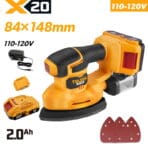 Tolsen 20V X20 cordless palm detail sander kit with 2.0Ah lithium-ion battery, charger, dust collector, and sanding pads for 110-120v market.
