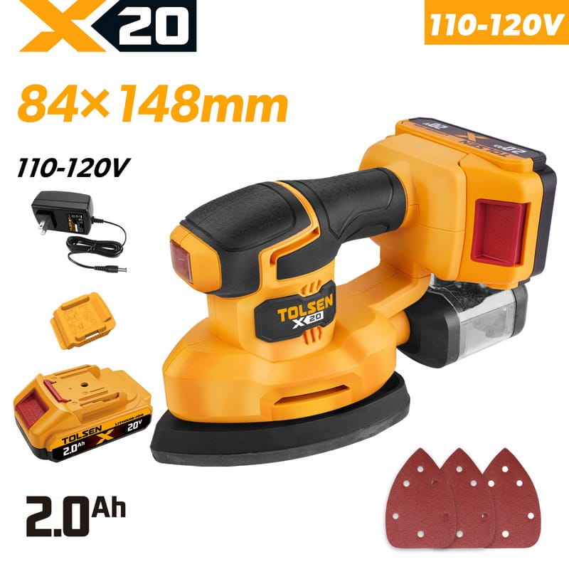 Tolsen 20V X20 cordless palm detail sander kit with 2.0Ah lithium-ion battery, charger, dust collector, and sanding pads for 110-120v market.
