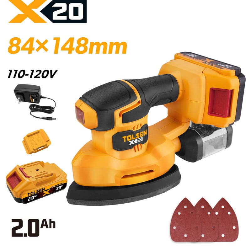Tolsen 20V X20 cordless palm detail sander kit with 2.0Ah lithium-ion battery, charger, dust collector, and sanding pads for 110-120v market.