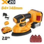 Tolsen 20V X20 cordless palm detail sander kit with 2.0Ah lithium-ion battery, charger, dust collector, and sanding pads.