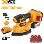 Tolsen 20V X20 cordless palm detail sander kit with 2.0Ah lithium-ion battery, charger, dust collector, and sanding pads.