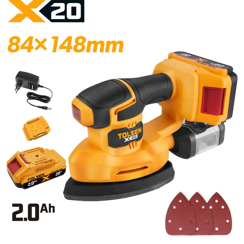 Tolsen 20V X20 cordless palm detail sander kit with 2.0Ah lithium-ion battery, charger, dust collector, and sanding pads.