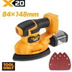 Tolsen 20V X20 cordless palm detail sander tool only with 84x148mm sanding pad, dust box, and 3 sanding sheets.