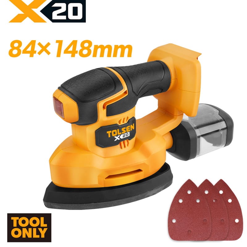 Tolsen 20V X20 cordless palm detail sander tool only with 84x148mm sanding pad, dust box, and 3 sanding sheets.