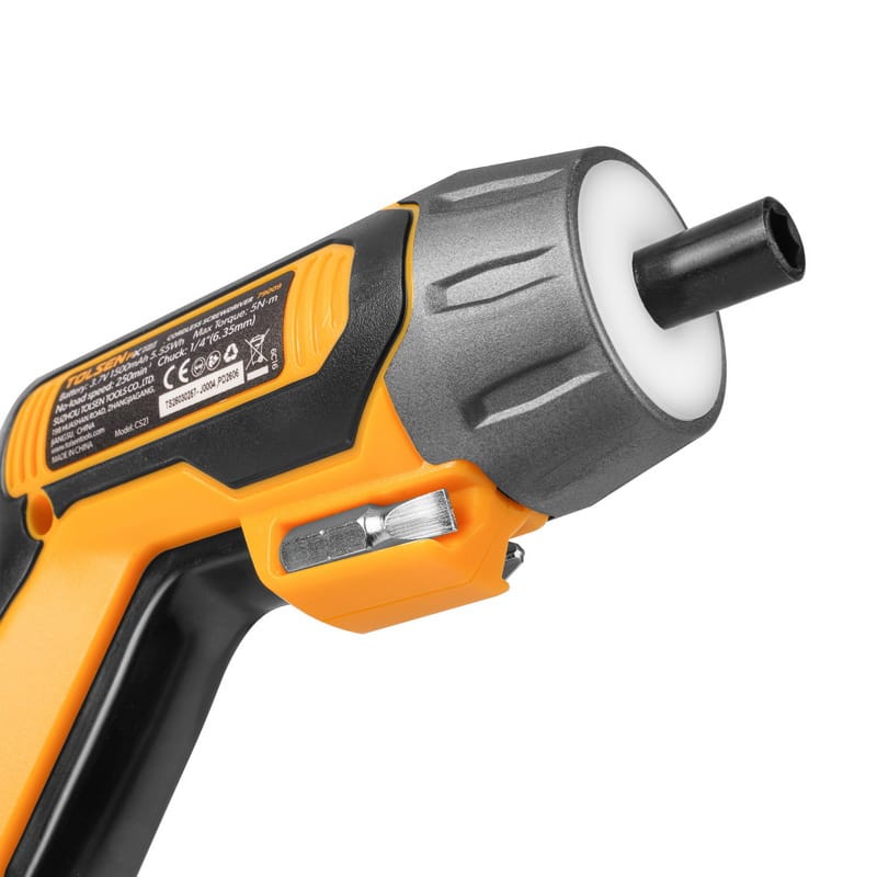 Close-up view of the TOLSEN 3.7V cordless screwdriver showing the 1/4-inch hex magnetic chuck and the bright circular LED work light around the tip.