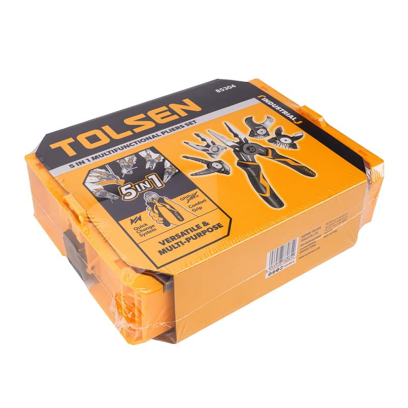 TOLSEN 5-in-1 Multifunctional Pliers Set in shrink-wrapped retail packaging, highlighting the quick change system and versatile tool attachments.