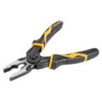 TOLSEN 5-in-1 multifunctional pliers assembled with the combination plier head, featuring black and orange ergonomic grips laying flat.