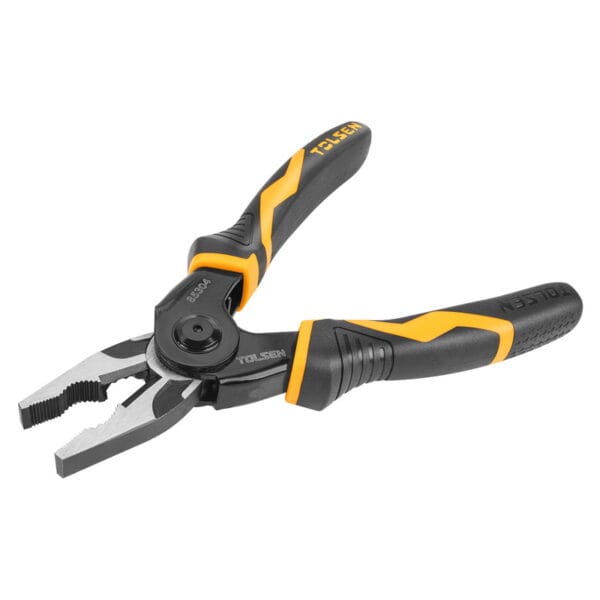 TOLSEN 5-in-1 multifunctional pliers assembled with the combination plier head, featuring black and orange ergonomic grips laying flat.