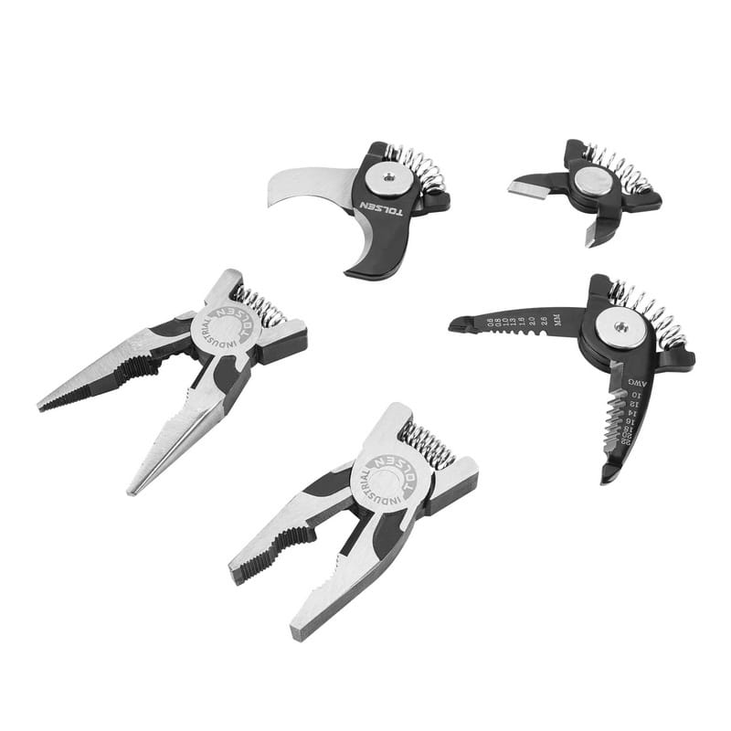 Close-up layout of the five interchangeable heads for the TOLSEN pliers set, including combination, long nose, wire stripper, cable cutter, and metal shear attachments.