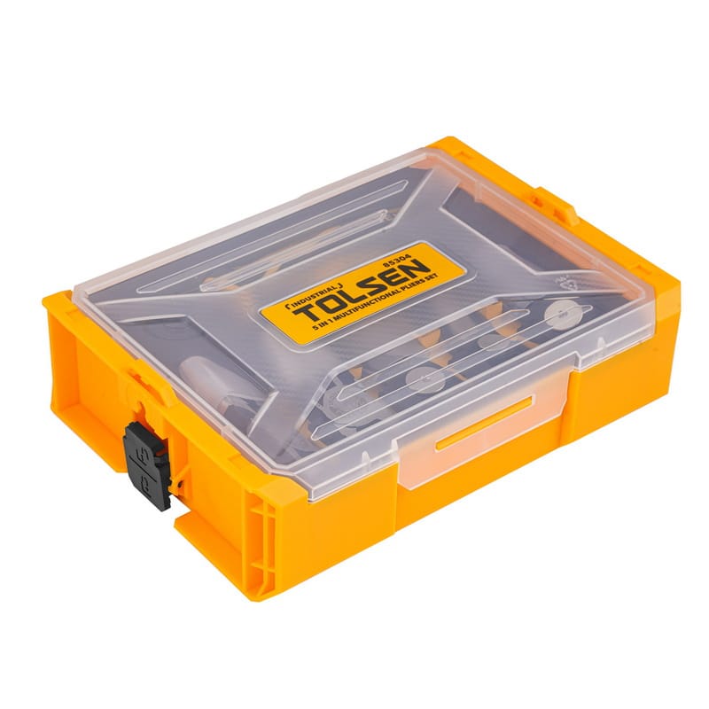Closed yellow hard plastic storage case with a transparent lid for the TOLSEN 5-in-1 interchangeable pliers set.