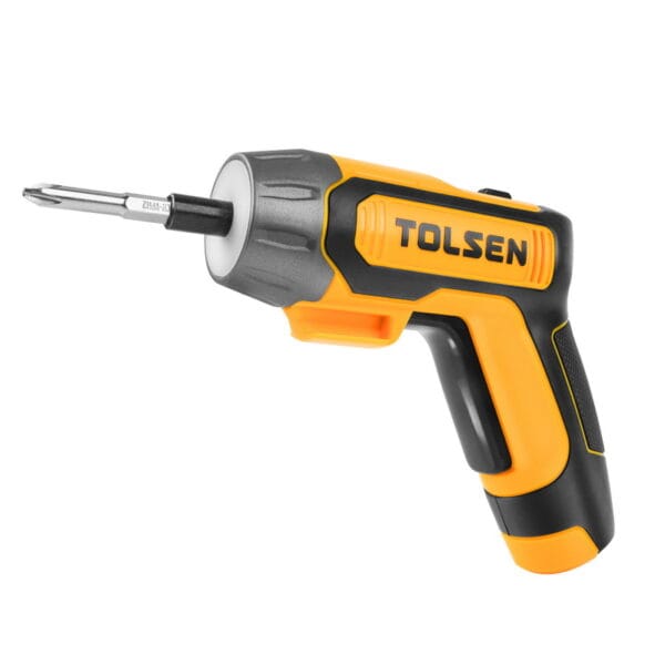 Side profile of the compact TOLSEN rechargeable screwdriver with a Phillips bit installed, featuring an ergonomic pistol grip and forward/reverse switch.