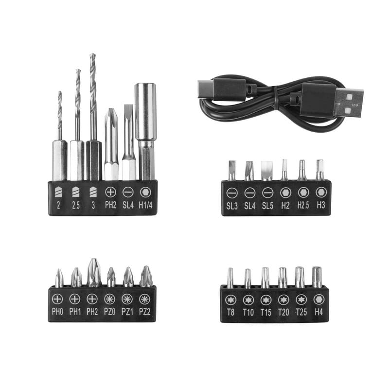Included accessory kit for the TOLSEN screwdriver featuring various slotted, Phillips, Torx, and hex bits, small drill bits, a magnetic holder, and a Type-C USB charging cable.
