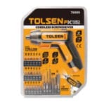 Retail blister packaging for the TOLSEN FX Force Xpress 3.7V cordless screwdriver, highlighting Type-C charging, included bit set, and 5Nm max torque.