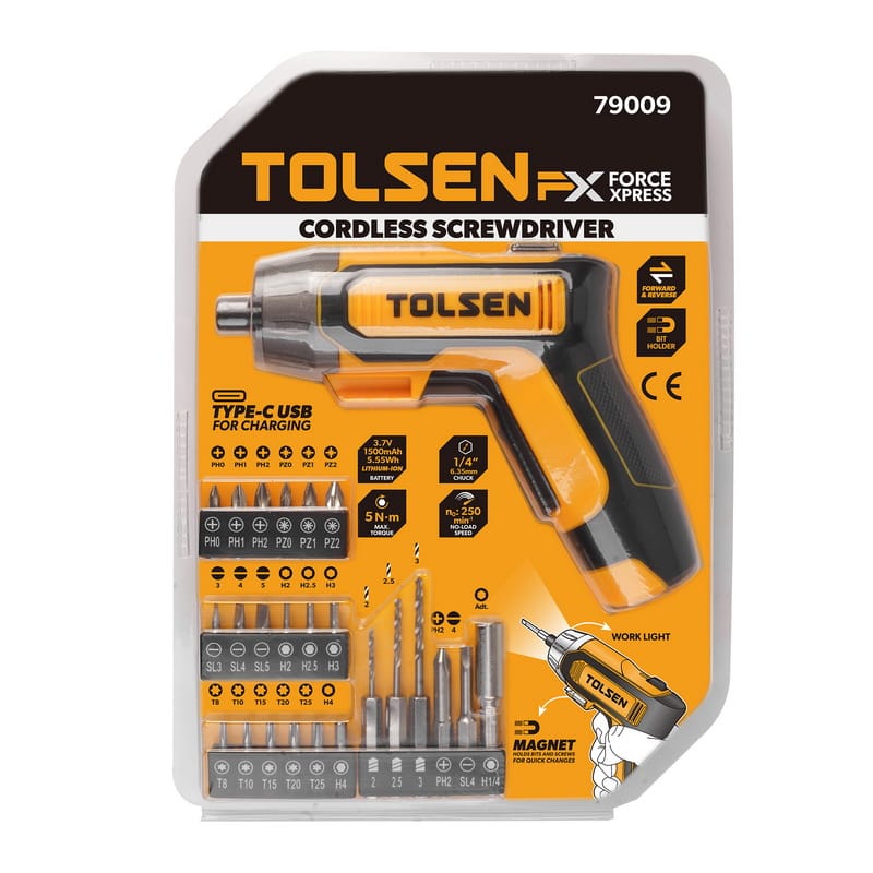 Retail blister packaging for the TOLSEN FX Force Xpress 3.7V cordless screwdriver, highlighting Type-C charging, included bit set, and 5Nm max torque.