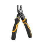 Upright standing view of the TOLSEN multifunctional pliers, showcasing the spring-loaded handle design and the quick-change locking mechanism at the joint.