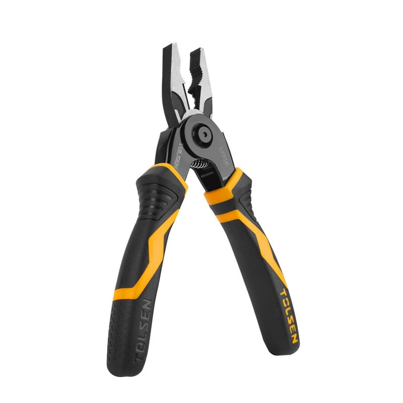 Upright standing view of the TOLSEN multifunctional pliers, showcasing the spring-loaded handle design and the quick-change locking mechanism at the joint.