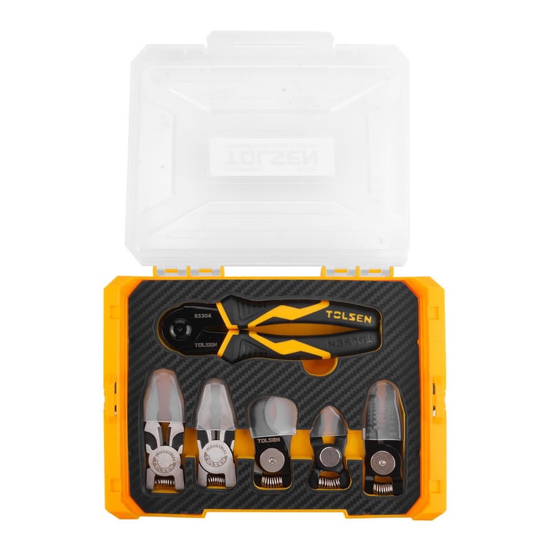 Open view of the TOLSEN pliers set storage case, showing the main ergonomic handle and four interchangeable heads neatly organized in a custom foam insert.