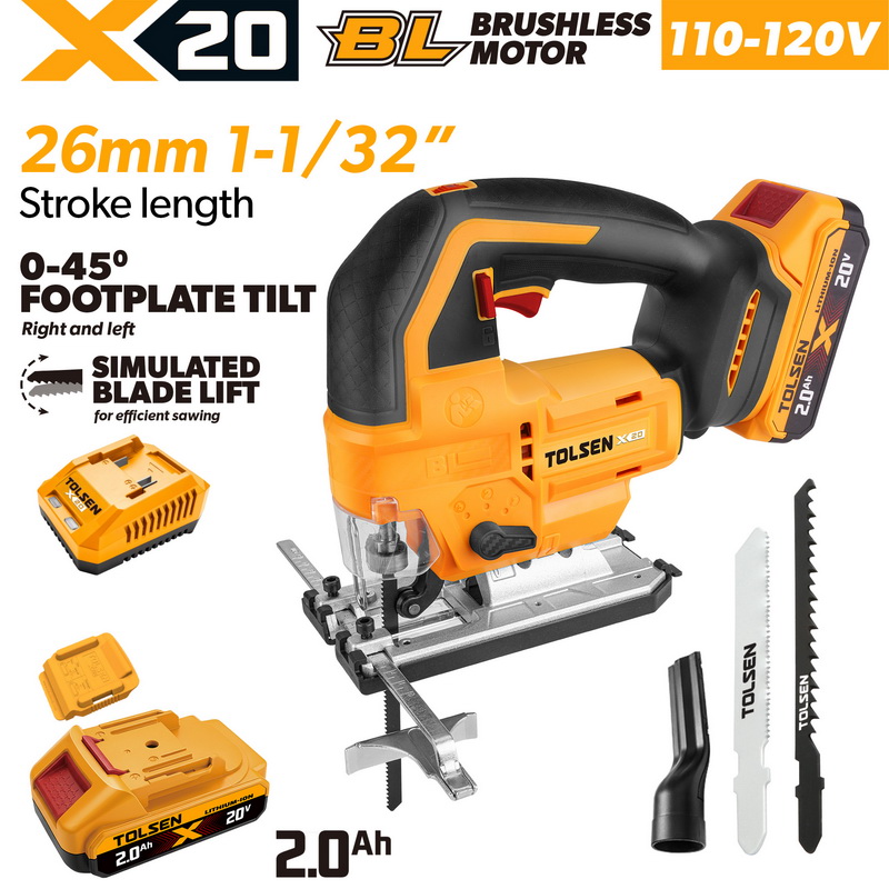 TOLSEN 20V brushless cordless jig saw full kit with a 1-1/32 inch stroke length and simulated blade lift, specifically for North America, featuring a 110-120V charger, a 2.0Ah battery, and blades.