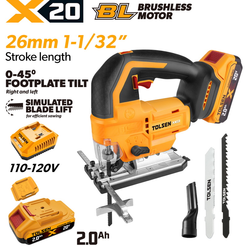 TOLSEN 20V brushless cordless jig saw full kit with a 1-1/32 inch stroke length and simulated blade lift, specifically for North America, featuring a 110-120V charger, a 2.0Ah battery, and blades.