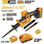 TOLSEN 20V brushless cordless reciprocating saw full kit with a 1-1/32 inch stroke length, specifically for North American markets, featuring a 110-120V charger and 2.0Ah battery.