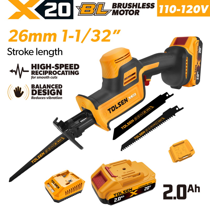 TOLSEN 20V brushless cordless reciprocating saw full kit with a 1-1/32 inch stroke length, specifically for North American markets, featuring a 110-120V charger and 2.0Ah battery.