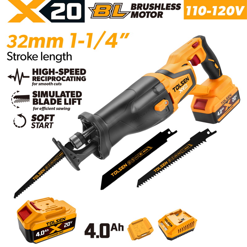 TOLSEN 20V brushless cordless reciprocating saw full kit with a 1-1/4 inch stroke length and soft start, specifically for North America, featuring a 110-120V charger and 4.0Ah battery.