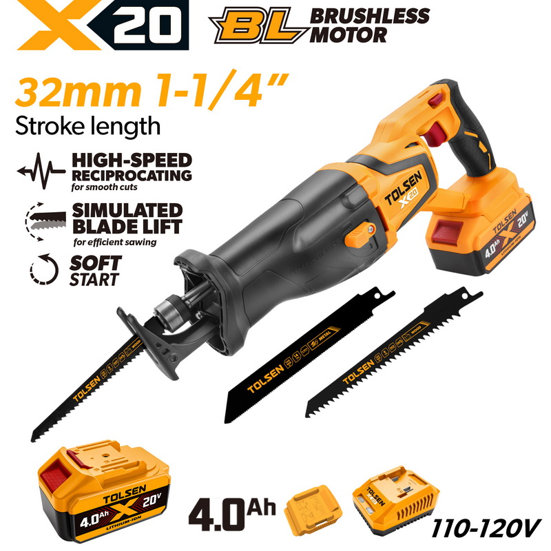 TOLSEN 20V brushless cordless reciprocating saw full kit with a 1-1/4 inch stroke length and soft start, specifically for North America, featuring a 110-120V charger and 4.0Ah battery.