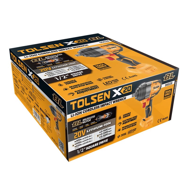 TOLSEN 20V X20 Industrial Brushless Cordless 1/2" Impact Wrench 850 N·m Retail Color Box Packaging