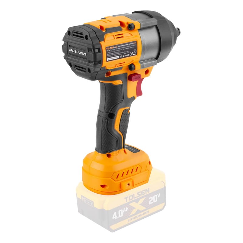 TOLSEN 20V Brushless Cordless 1/2" Impact Wrench 850 N·m Rear View with Spec Label and Motor Housing