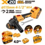 Complete TOLSEN 20V brushless 115mm angle grinder kit with an M14 spindle, displayed with two 4.0Ah batteries, charger, hard case, and cutting discs.