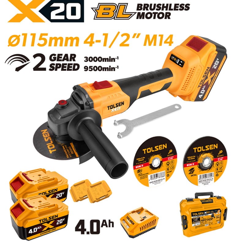 Complete TOLSEN 20V brushless 115mm angle grinder kit with an M14 spindle, displayed with two 4.0Ah batteries, charger, hard case, and cutting discs.