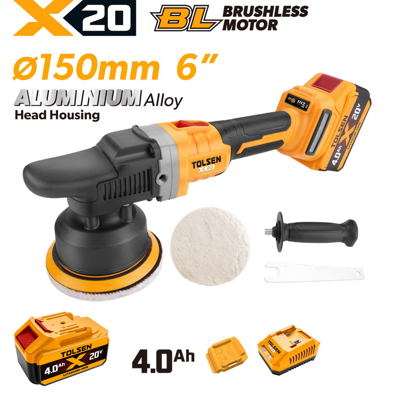 Complete TOLSEN 20V brushless 150mm orbital polisher kit featuring an aluminum alloy head, displayed with one 4.0Ah lithium-ion battery, a charger, and polishing accessories.