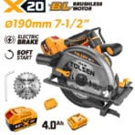 Complete TOLSEN 20V brushless 190mm circular saw kit featuring soft start and electric brake, displayed with one 4.0Ah battery, fast charger, and parallel guide.