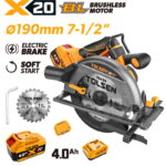 Complete TOLSEN 20V brushless 190mm circular saw kit featuring soft start and electric brake, displayed with one 4.0Ah battery, fast charger, and parallel guide.