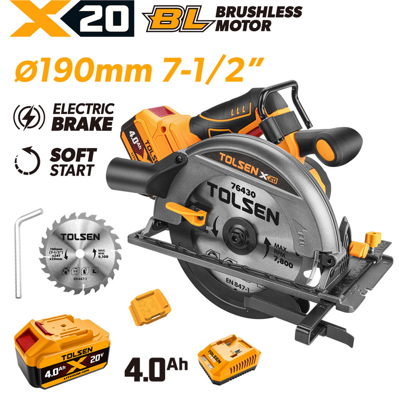 Complete TOLSEN 20V brushless 190mm circular saw kit featuring soft start and electric brake, displayed with one 4.0Ah battery, fast charger, and parallel guide.