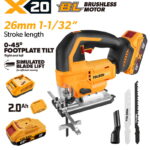 Complete TOLSEN 20V brushless orbital jig saw kit featuring a 26mm stroke and 0-45 degree footplate tilt, displayed with one 2.0Ah lithium-ion battery, a charger, dust port, and wood cutting blades.