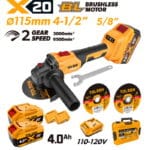 TOLSEN 20V brushless 4-1/2 inch angle grinder full kit specifically for North America, featuring a 5/8-inch spindle thread and a 110-120V fast charger.