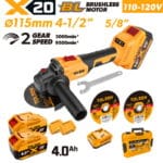 TOLSEN 20V brushless 4-1/2 inch angle grinder full kit specifically for North America, featuring a 5/8-inch spindle thread and a 110-120V fast charger.