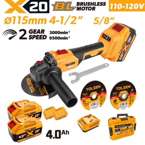 TOLSEN 20V brushless 4-1/2 inch angle grinder full kit specifically for North America, featuring a 5/8-inch spindle thread and a 110-120V fast charger.