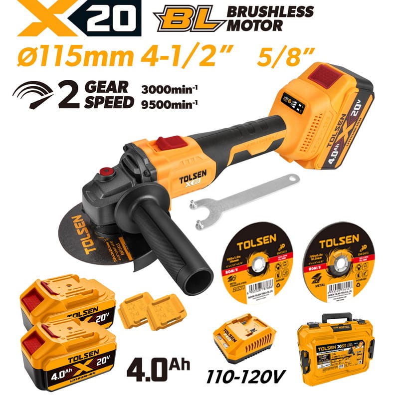TOLSEN 20V brushless 4-1/2 inch angle grinder full kit specifically for North America, featuring a 5/8-inch spindle thread and a 110-120V fast charger.