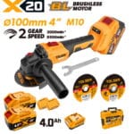 Complete TOLSEN 20V brushless 100mm angle grinder kit, displayed with two high-capacity 4.0Ah batteries, fast charger, hard storage case, and cutting discs.